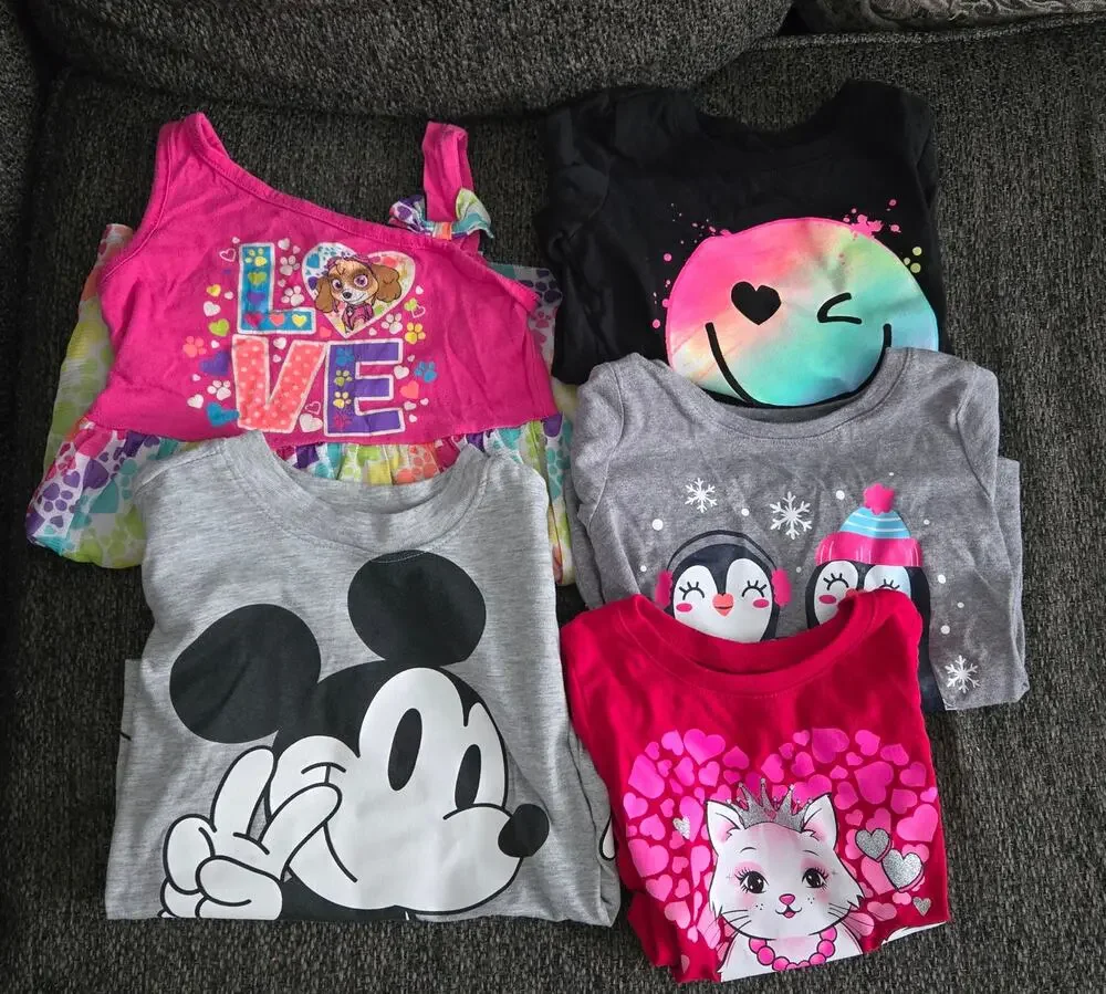 Lot of 5 Girls 3T Clothing Items 1 Dress, 2 T-Shirts, 2 Long-Sleeve Shirts